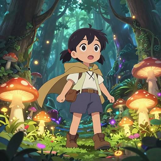 Anime-style illustration of a young boy with black hair in a forest, wearing a beige cape, white shirt, blue shorts, and brown boots, surrounded