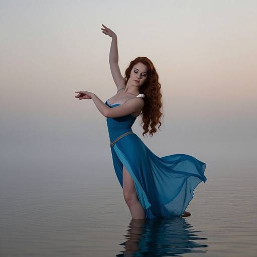 Photograph of a red-haired woman in a flowing blue dress, standing gracefully in shallow water, arms raised, against a pastel gradient sky.