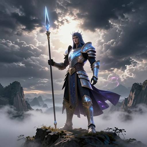 Digital artwork of a powerful, armored warrior with glowing helmet and blue spear, standing on a misty mountain peak under a dramatic, cloudy sky.