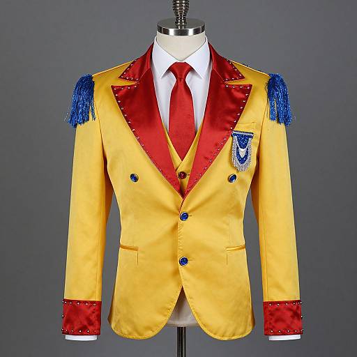 Photograph of a vibrant yellow military-style jacket with red satin trim, blue tassel epaulettes, red tie, and blue embroidered pocket,