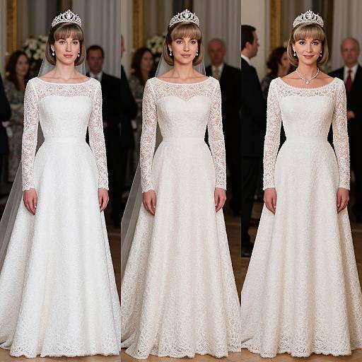 Photograph of three women in white lace long-sleeve wedding dresses, each wearing a silver tiara, standing in a grand hall.