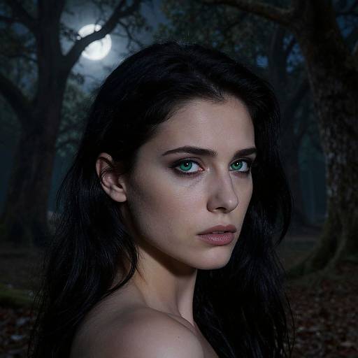 Photorealistic portrait of a pale-skinned woman with striking blue eyes, dark wavy hair, and intense gaze in a moonlit forest.