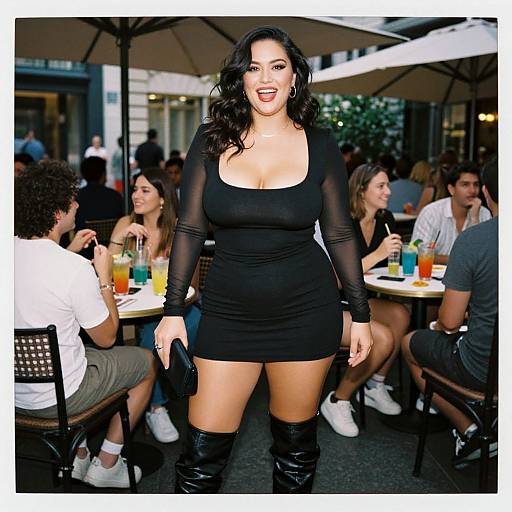 Photograph of a smiling, curvy Latina woman with long black hair, wearing a tight black sheer dress and knee-high boots, standing outdoors at a