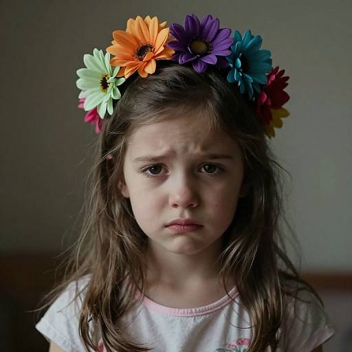 Photograph of a serious young girl with long brown hair, wearing a colorful flower crown and white shirt, against a dark background.