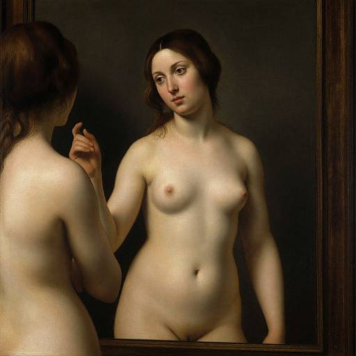 Baroque-style digital painting of a nude woman with pale skin, small breasts, and brown hair, standing before a dark mirror, gazing at her
