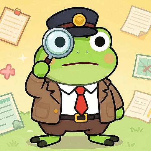 Cartoon green frog detective with large eye magnifying glass, brown suit, white shirt, red tie, black cap, yellow background, scattered papers.