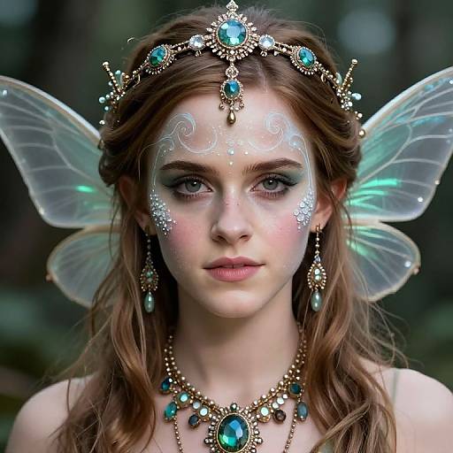 Photograph of a fair-skinned, red-haired fairy woman with transparent wings, silver facial paint, and ornate turquoise jewelry, set against a dark