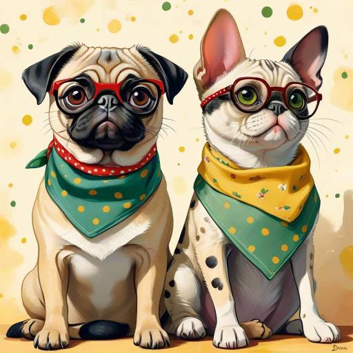 Whimsical Pug and Devon Rex Duo