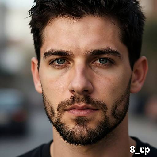Photorealistic close-up of a handsome, bearded man with blue eyes, short dark hair, and a serious expression, with a blurred urban background