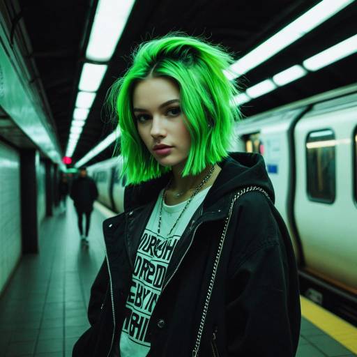 Fashion Model with Neon Green Hair in Subway Fashion Model with Neon Green Hair in Subway