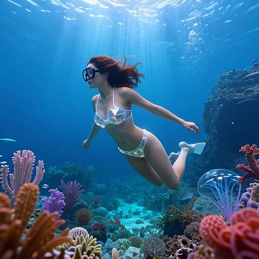 Photograph of a woman with brown hair, wearing a white bikini and scuba mask, swimming underwater amid colorful coral reefs.