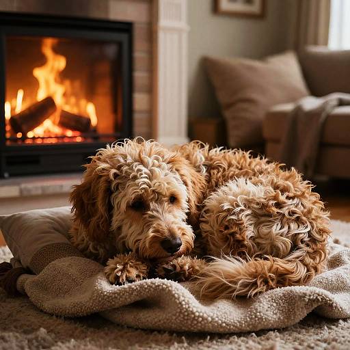 Photograph of two curly-haired, light brown puppies sleeping on a beige pillow and knitted blanket in front of a lit fireplace. Cozy living room
