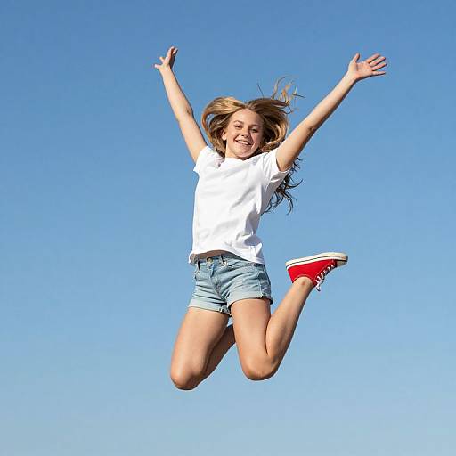 Photograph of a smiling young girl with long blonde hair, jumping high against a clear blue sky, wearing a white t-shirt, blue shorts, and