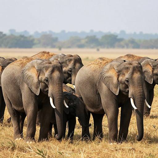 Photograph of a herd of African elephants with dusty gray skin and prominent white tusks standing in a dry, golden grassland.