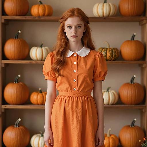 Young Woman in Orange Dress with Pumpkins