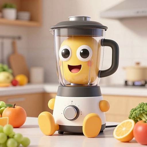 Cute, anthropomorphic blender with yellow face, big eyes, and smiling mouth, sitting on a kitchen counter with fruits around. CGI image.