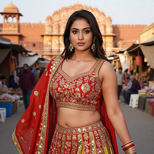 Photograph of a beautiful Indian woman with long black hair, wearing a red and gold embroidered traditional outfit, standing in a bustling market with historic buildings in