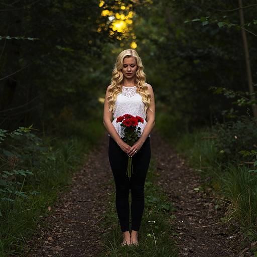 Blonde woman with long curls, sleeveless white top, black pants, holding red flowers, standing on forest path, dimly lit by yellow glow