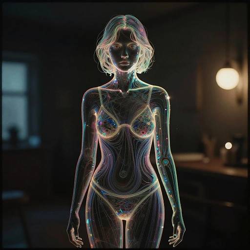 Digital art of a glowing, neon-lit, wireframe female figure standing in a dimly lit room with a blurred background.