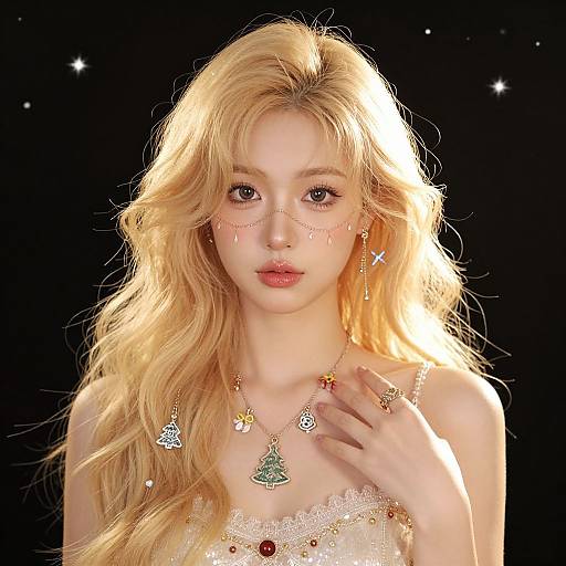 Digital artwork of a beautiful, fair-skinned woman with long, wavy blonde hair, wearing intricate jewelry and a lace top, against a starry