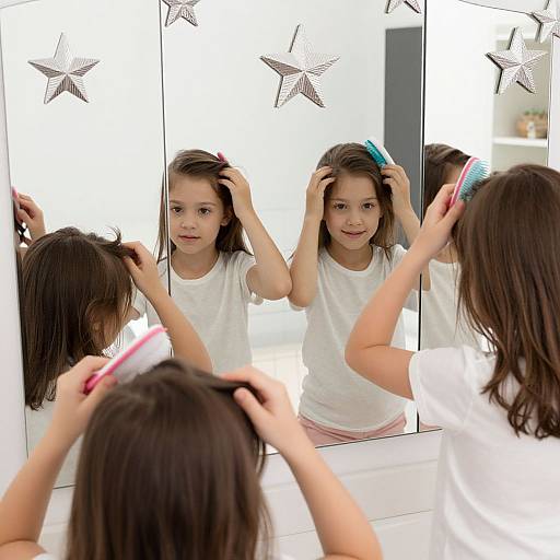 Photograph of a young girl with brown hair, wearing a white shirt, brushing her hair in front of a mirror with star decorations.