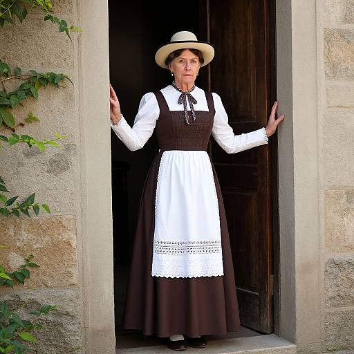 Photograph of an elderly woman in a black and white Victorian-style dress and hat, standing in a doorway with hands on either side. Stone wall and
