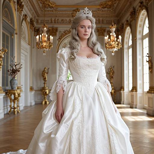 Photograph of a fair-skinned woman with long silver hair, wearing a white lace gown and silver tiara, standing in an opulent, golden
