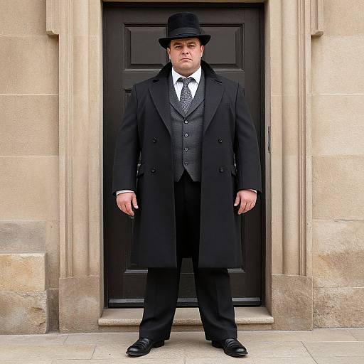 Photograph of a serious-looking man in a black Victorian-style suit, top hat, and overcoat, standing in front of a dark wooden door,