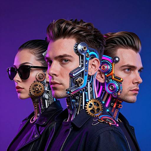 Photograph of three men in profile, back-to-back, with cybernetic gear on necks, wearing black jackets, sunglasses, against a purple