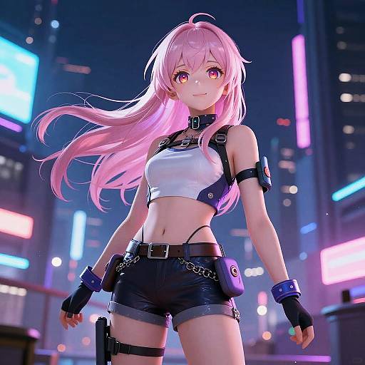 Digital anime-style artwork of a pink-haired, pink-eyed, young woman with a slim build, wearing a white crop top, black shorts, and futuristic