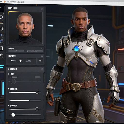 CGI image of a black man in futuristic silver armor with blue gem, standing in a dark sci-fi setting, next to a digital photo editing interface