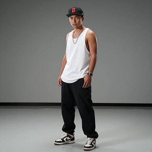 Photograph of a young man with medium brown skin wearing a black cap with red 