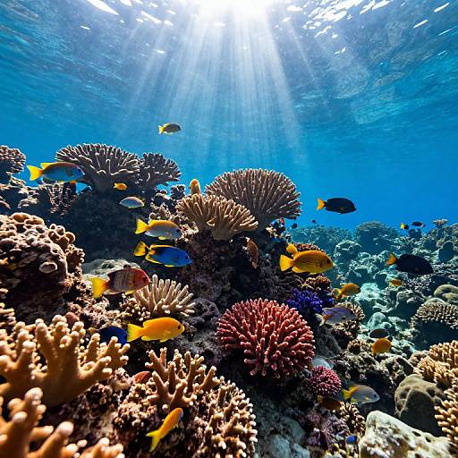 Photograph of vibrant underwater coral reef with sunbeams filtering through, colorful yellow and black fish swimming among various corals, in clear blue ocean.