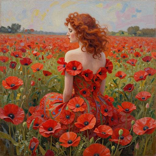 Digital painting of a red-haired woman with curly hair, wearing a red dress adorned with poppies, sitting in a vibrant red poppy field under a
