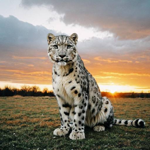 Snow Leopard Sitting at Sunset