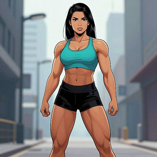 Digital comic-style illustration of a muscular, tan-skinned woman with black hair, wearing a teal sports bra and black shorts, standing confidently in a blurred