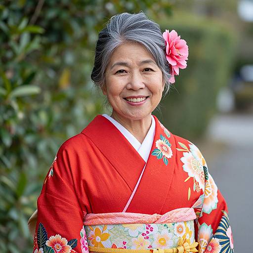 Joyful Okinawan Woman in Vibrant Kimono