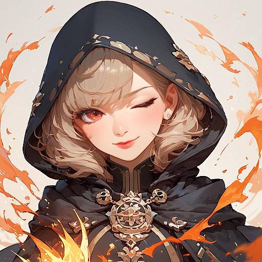 Winking Hooded Sorceress With Fiery Magic