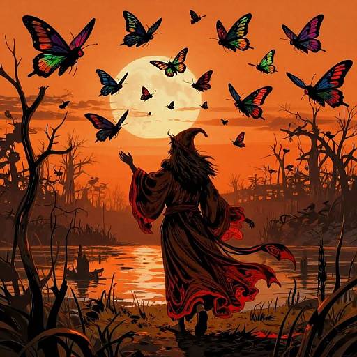 Digital illustration: Silhouetted witch with flowing red and black robes, raising hand to attract colorful butterflies, against a vibrant orange sunset over a reflective