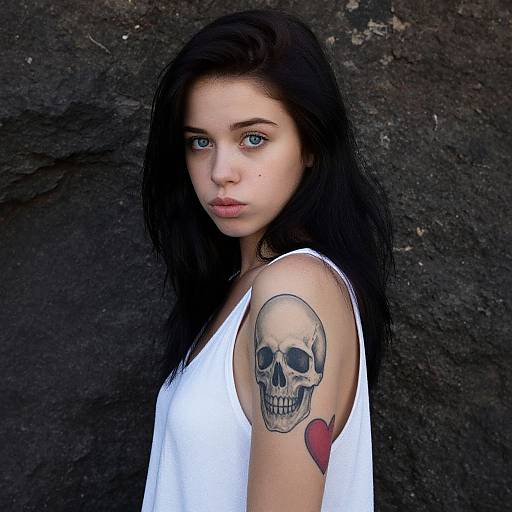 Photograph of a young woman with long black hair, blue eyes, and pale skin, wearing a white sleeveless top, showing a skull tattoo with