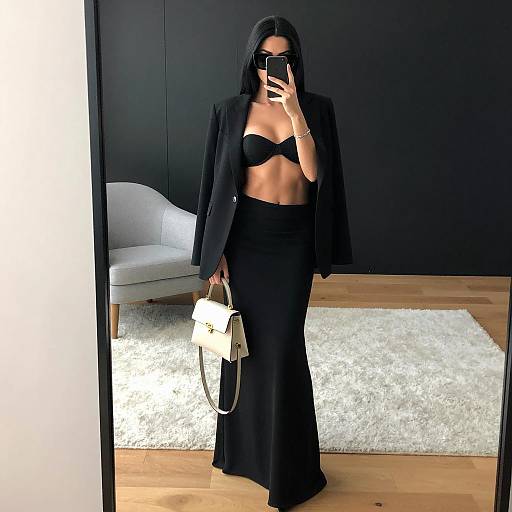 Stylish Woman Taking Mirror Selfie in Black Outfit