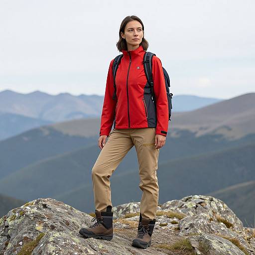 Photograph of a young man with shoulder-length brown hair, wearing a red jacket, beige pants, black boots, and a black backpack, standing on