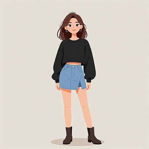 Digital illustration of a young woman with fair skin, brown hair, wearing a black long-sleeve crop top, blue high-waisted skirt,
