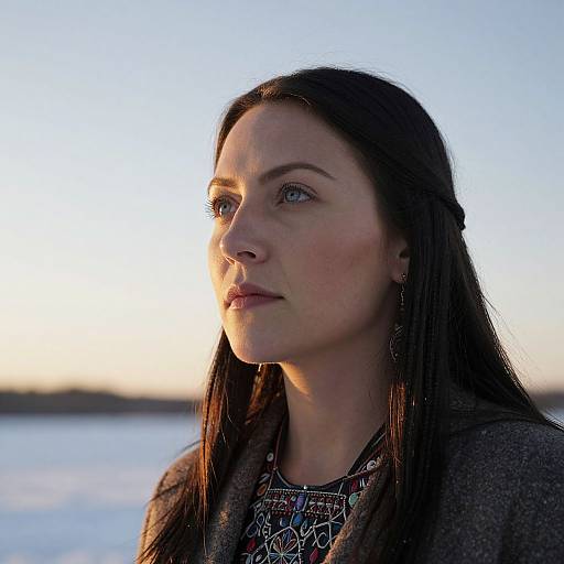 Photograph of a serious-looking woman with long brown hair, wearing a patterned top and gray coat, standing by a sunlit lake at sunset.