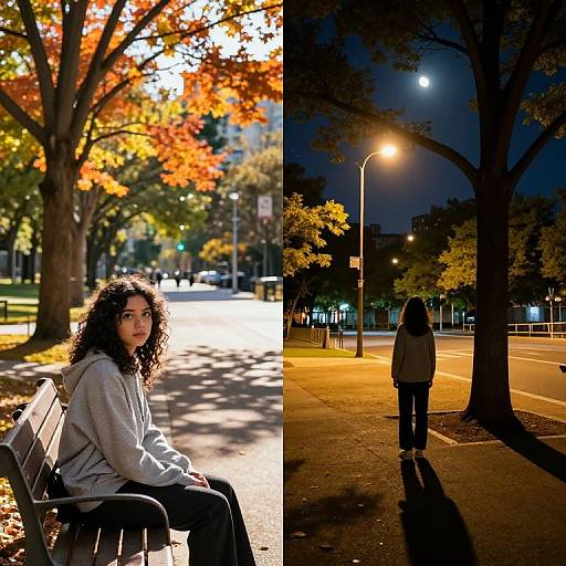 Split photograph: Left, curly-haired woman in gray hoodie, autumn park, bright sunlight, orange leaves; Right, same woman, nighttime, street,