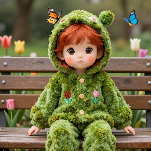 Photorealistic CGI of a cute doll with red hair in a green, fuzzy, bear-themed onesie, sitting on a wooden bench in a garden