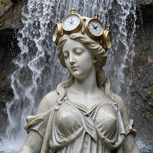 Photograph of a white marble statue of a serene woman with a clock headpiece, standing under a cascading waterfall.