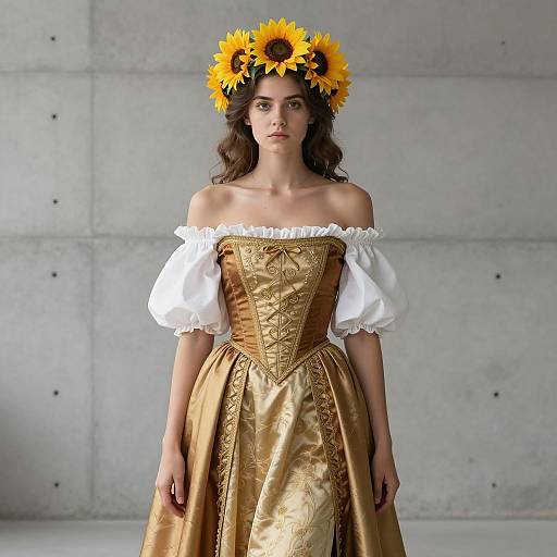 Young Woman in Renaissance Dress with Sunflower Crown