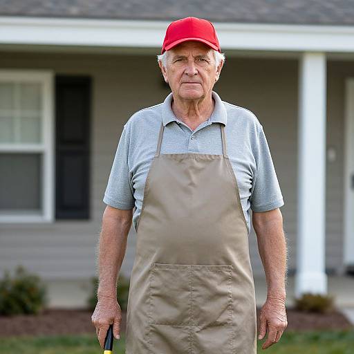 Photograph of an elderly white man with wrinkled skin, wearing a red cap, light gray polo shirt, and beige apron, standing in front