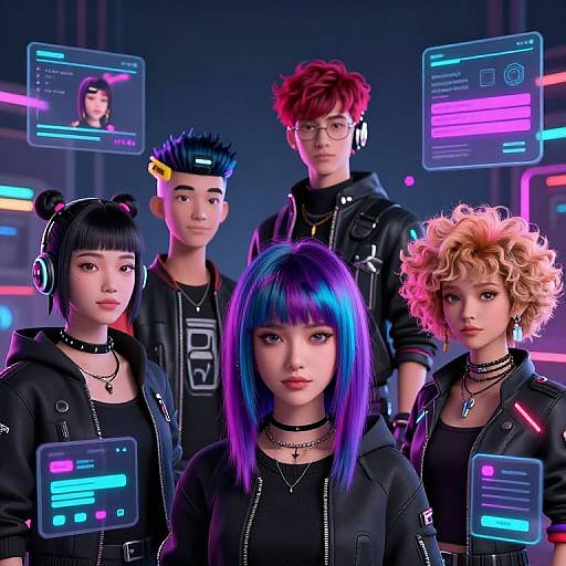 Digital artwork of five diverse, neon-lit, cyberpunk-style teenagers with colorful hair, black jackets, and futuristic headsets, surrounded by glowing holog